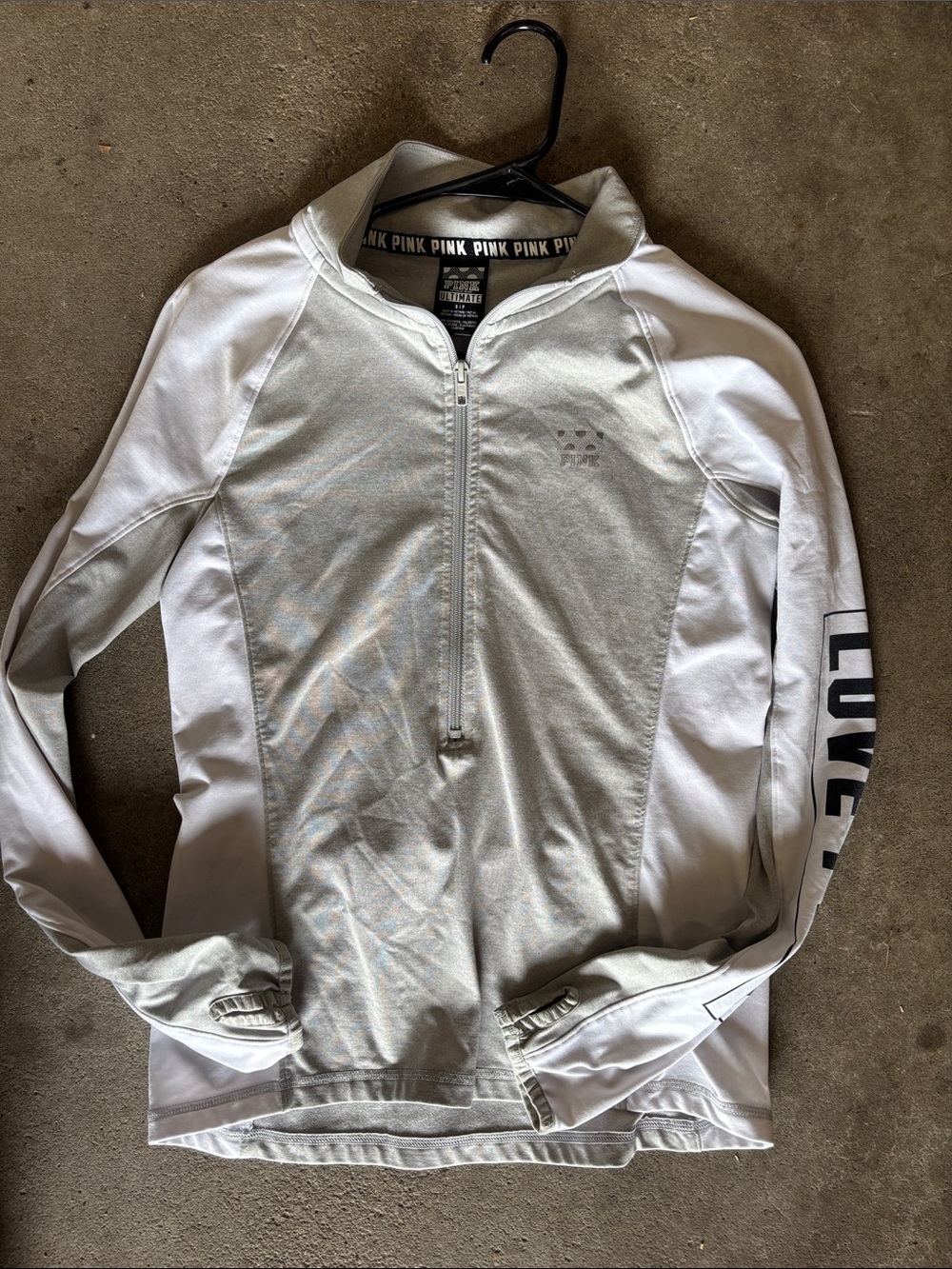 PINK Victoria's Secret White and Light Gray Quarter-Zip Pullover